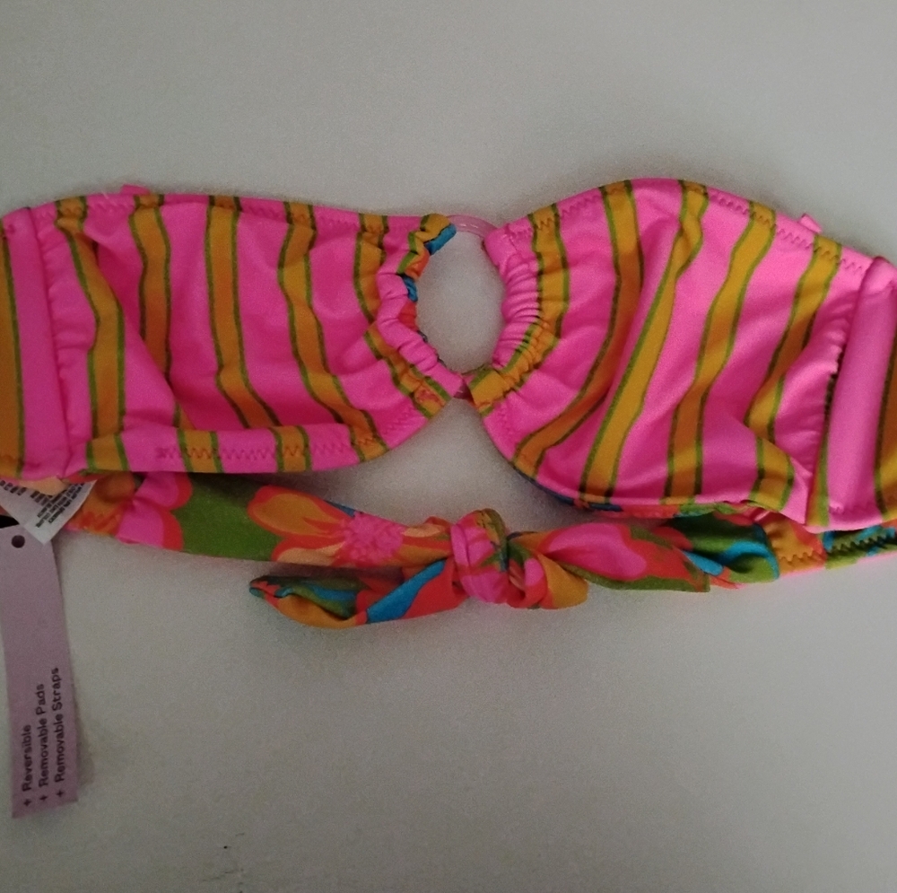 Pink Yellow Green Stripe Reversible- Floral Bandeau Bikini Top